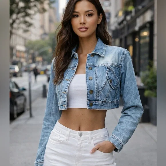 NWT YnQ Signature Distressed Cropped Denim Jacket Medium Blue Jean Jacket Trendy - Picture 1 of 16